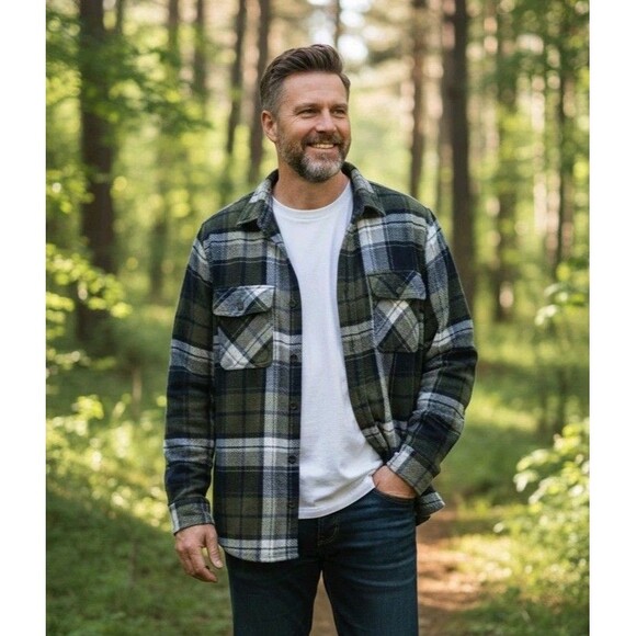 Boston traders MensThick flannel jacket Sherpa Butto Plaid L GreenBlue Lagenlook - Picture 1 of 15